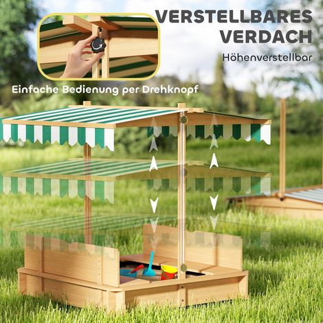 Bac à sable enfant bois 106x106cm avec couvercle ajustable, bancs et dossiers, marron clair. (1/4)