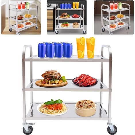 Chariot de service en acier inoxydable - 3 étages - 4 roues (85 x 45 x 90 cm) - Argenté - Moderne, simple (1/5)