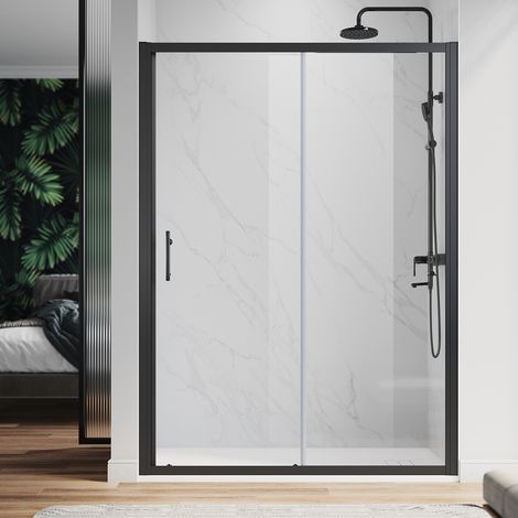 ELEGANT 1400mm Modern Sliding Shower Door Reversible Bathroom Shower Enclosure Cubicles Matt Black Frame 6mm Glass