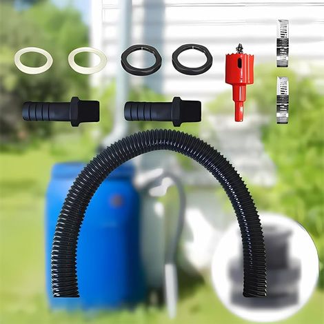 Kit de raccords pour tonneaux d'eau de Pluie,raccord pour citernes de Pluie avec raccords, Tuyau de raccordement, ouvreur de Trou et Collier de Serrage, pour tonneaux d'eau de Pluie,citernes (1/3)