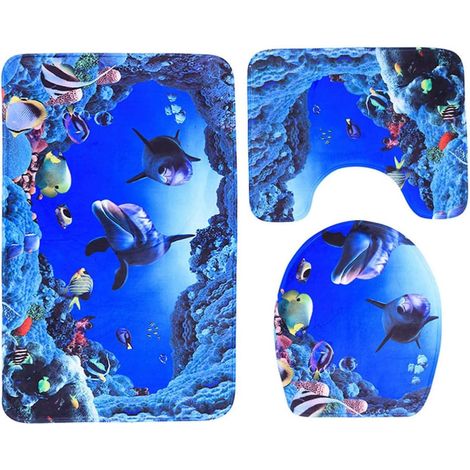 3 Pièces Ensemble de Tapis de Salle de Bain Marin Bleu (1/5)