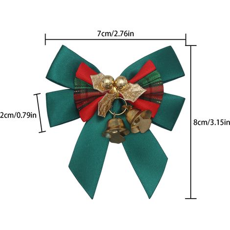 Nœud décoratif vert sapin de Noël 7×8 cm, tissu tartan, feuilles dorées et clochettes