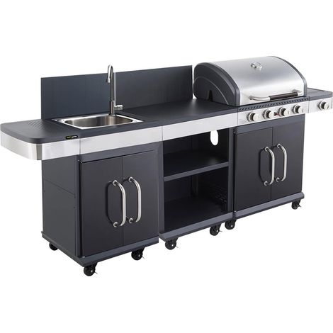 MF - Barbacoa de Gas FIDGI 4 Quemadores con Aparador y Fregadero. Parrilla Lateral y Plancha Hierro Fundido - Cocina Exterior para 10 Personas (1/5)