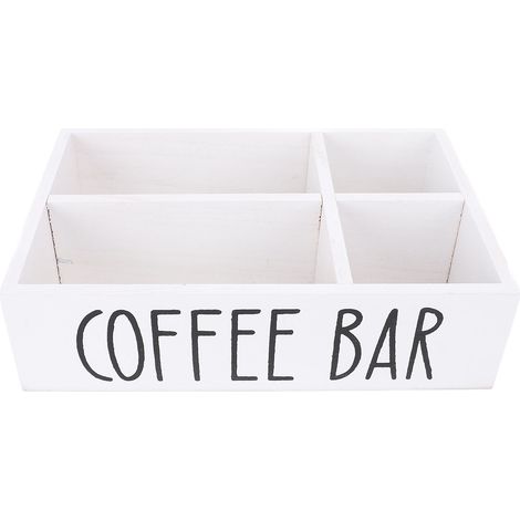Organisateur station café avec séparateur bois – Boîte rangement accessoires bar sachets thé dosettes comptoir cuisine blanc (1/5)