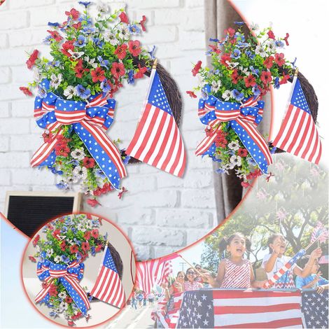 Guirlande Porte - Couronne Florale Patriotique Rouge Bleu Étoiles - 45 cm - Pour Fête de l'Indépendance Jour du Souvenir - Décoration Intérieure Extérieure (1/4)