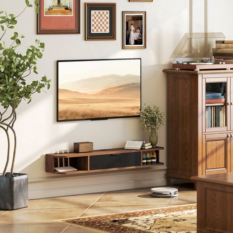 Porte TV mobile jusqu‘à 50” Suspendue avec tiroir, 2 Étagères ouvertes et Forum Passacavi, 120x24x16 cm, Noisette (1/5)
