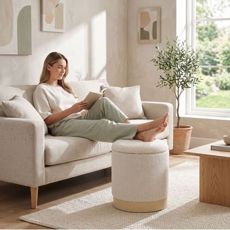 Pouf rond avec rangement, assise et repose-pieds en tissu doux, 40 x 40 x 47 cm, charge 120 kg, base en métal aspect bois, crème, pour salon et chambre – CHICFURN (1/5)
