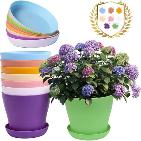 Lot de 8 pots de fleurs colorés en plastique de 14 cm, petits pots de 14 cm avec soucoupe, pour plantes d'intérieur et de jardin.