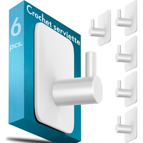 6 Pièces Crochet Adhesif Mural Blanc - Porte Serviette Salle de Bain Imperméable, Portemanteau Autocollant Acier Inox, Accroche Pour Torchon de Cuisine (1/5)