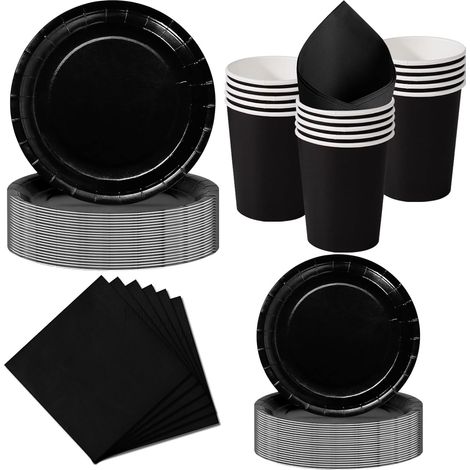 Set Vaisselle Jetable Noir - 50 Pièces - Carton Rigide - 10 Invités - Anniversaire Mariage Soirée (1/5)