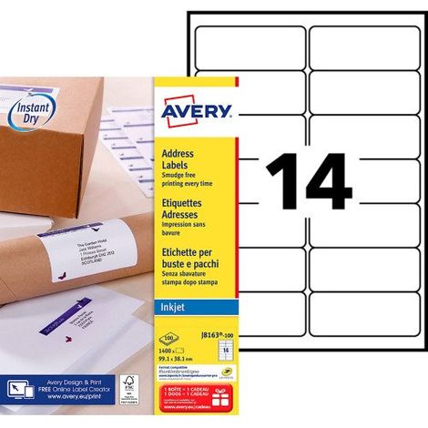 Etiquettes adresses jet d'encre 99,1 x 38,1 mm Avery J8163-100 - Boîte de 1400 (1/4)