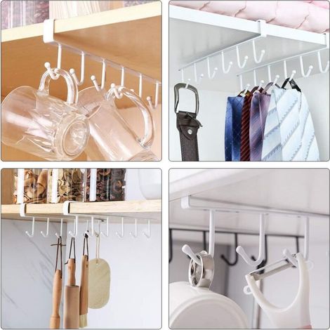 Blanc Lot de 4 Armoire Insert Porte-Tasses Porte-gobelet pour 6 Tasses Crochets de rangement pour Tasses Rangement Crochets pour Ustensiles de Cuisin (1/3)