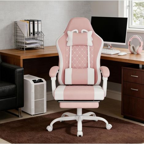 Sedia da ufficio ergonomica con cuscino lombare massaggiante, schienale reclinabile, tessuto e rete rosa e bianco (1/5)