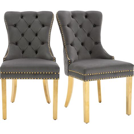 Set de 2 sillas de comedor tapizadas en terciopelo gris con patas de acero inoxidable dorado HOMVRA (1/5)