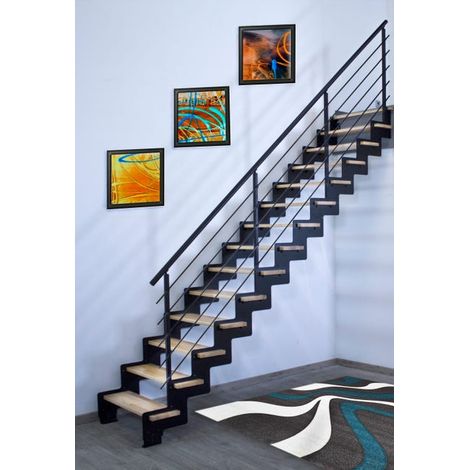 Escalier Droit Métal et Bois Créma - Structure Crémaillère Acier Noir - 14 Marches Hêtre Brut Débordantes - Pied Réglable en Hauteur - Made in France (1/5)