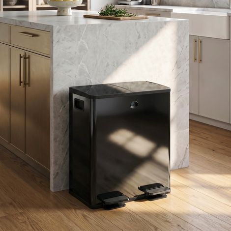 2 poubelles doubles de 20 L, ouverture à pédale, faciles à nettoyer, en acier inoxydable et plastique, noires. (1/4)
