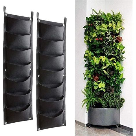 Lot de 2 Sacs de culture à suspendre, sacs verticaux avec 7 poches, pour plantes et fleurs, conviennent pour extérieur, intérieur, jardinage, etc, noir (1/5)