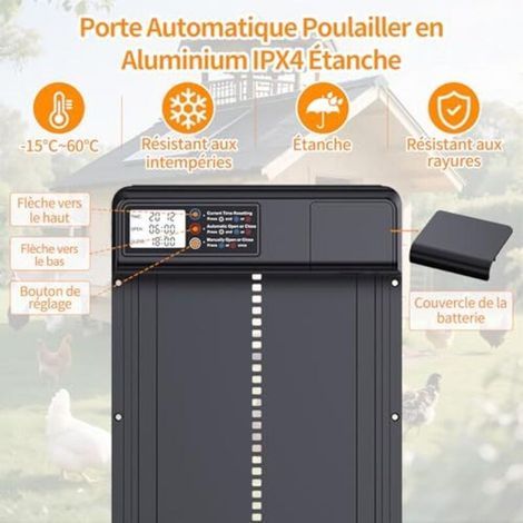 Porte Poulailler Automatique Batterie avec Écran LCD Étanche, Porte Automatique Poulailler en Aluminium avec Minuterie, Fonction Anti-pincement, Avertissement de Batterie Faible (1/4)