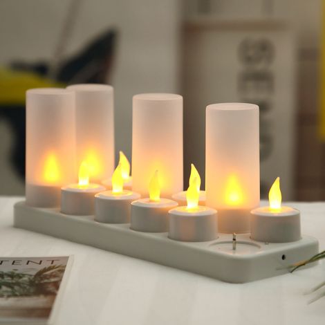 Bougies LED rechargeables, bougies électroniques décoratives réalistes pour fêtes, mariages et salon, 12 supports avec coupelles, lumière jaune clignotante (1/5)