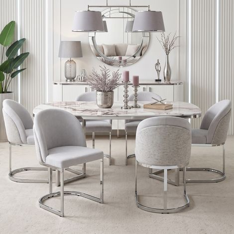 6 sillas de comedor, cómodas y transpirables, adecuadas para restaurantes, salas de estar, cafeterías y otros lugares, estilo moderno, patas de silla galvanizadas en plata, tela chenille, gris claro + (1/5)