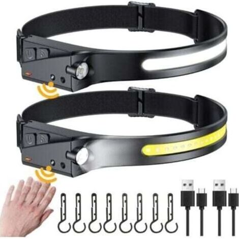 Wiederaufladbare LED-Stirnlampe, leichte und wasserdichte Stirnlampe mit 8 Clips, 230° Ultraweitwinkel, 350 LM LED-Stirnlampe mit Sensor für Kinder und Erwachsene, Camping, Joggen, 2er-Pack [Energiekl (1/4)