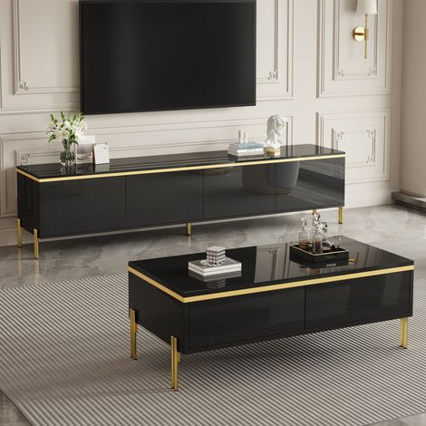 TV-Möbel und Couchtisch, schwarz hochglänzend, goldene Details, viel Stauraum OKMYHOME (1/5)