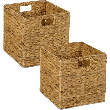 Relaxdays Set 2 Cesti Intrecciati Portaoggetti in Giacinto Acqua, HLP: 30x30x30cm, Scatola da Scaffale Cubo, Naturale