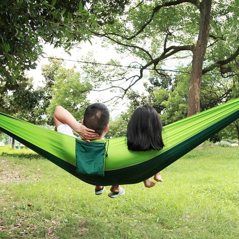 Hamac de camping portable pour une personne, avec sangle pour arbre (vert clair, bleu foncé) (1/5)