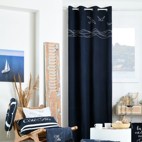 Rideau tamisant polycoton à œillets motif bord de mer Bleu Marine 140x260 cm