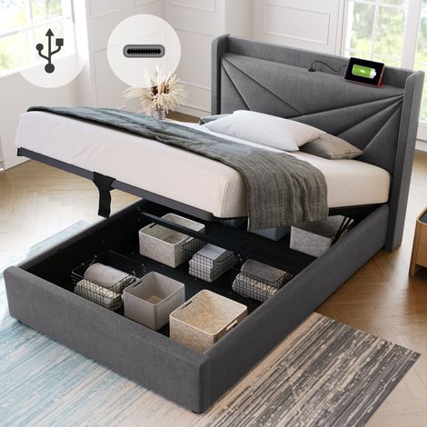 Letto imbottito 90/200 cm grigio di lino e metallo con contenitore e ricarica USB-C (1/5)