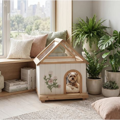 Casa para gatos de madera con techo acrílico 68x55x80 cm blanca para perros pequeños HAVRYA (1/5)