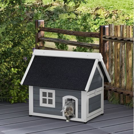 Outdoor-Katzenhaus aus Holz, aufklappbares Asphaltdach, 77 x 57,5 x 68 cm, grau OKMYHOME (1/5)