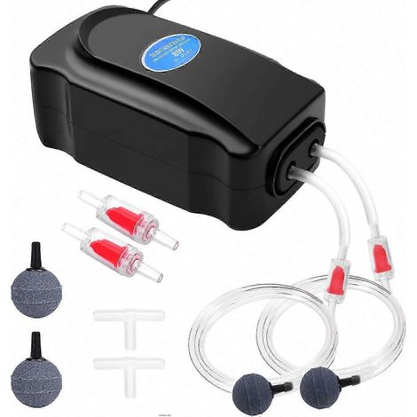 Pompe à air aquarium 3W/8W réglable double sortie, ultra silencieuse pour réservoirs 5-300L, avec pierre diffuseur, clapet anti-retour et tuyau 1,5M/2M (1/5)
