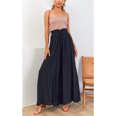 Pantalon large pour femme, taille haute élastique, couleur unie, idéal au quotidien, pour le yoga, le jogging et la randonnée, noir, taille 2XL (1/5)