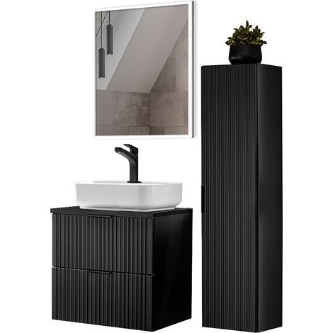 Badmöbel Set mit Keramik Waschbecken und LED Spiegel, matt schwarz mit gerillter Front, ADELAIDE-56-BLACK, B/H/T ca. 110/200/46,5 cm (1/5)