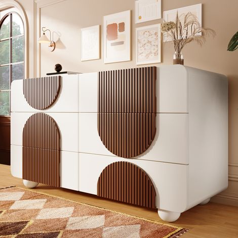 Cassettiera 121x41x71 cm in MDF e legno bianca, 6 cassetti per soggiorno - FLORAGRACE (1/5)
