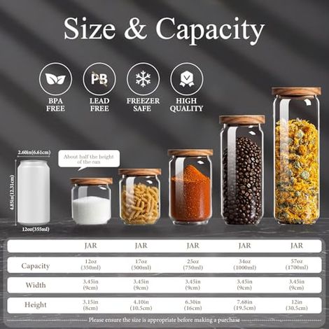 Bocaux en verre avec couvercles en bois hermétiques - Mini bocaux de cuisine de 500 ml, empilables et décoratifs, parfaits pour le café moulu, le sucre, le thé en vrac, les épices, le sel, le matcha, (1/4)