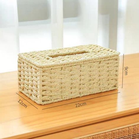 Beige boîte de mouchoir en rotin, couvercle rectangulaire, tissé à la main, support en osier, corde de papier, plateau de serviette, bohème été plage partie décoration boîte 22 12 9cm (1/2)