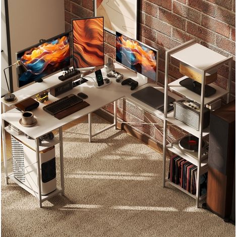 Bureau gaming d’angle avec étagère, support écran et prise USB, blanc (1/5)