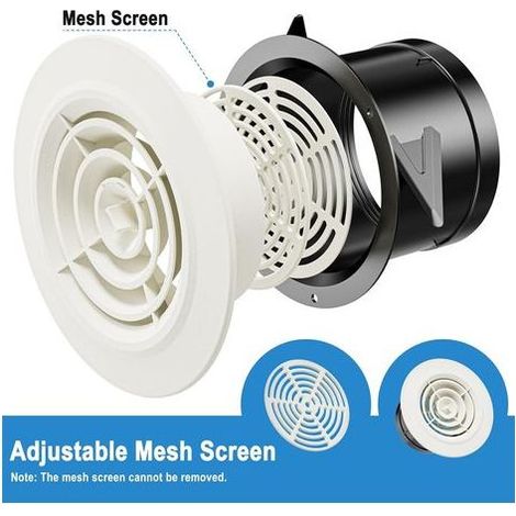 Lot de 2 Blanc grilles d'aération rondes réglables avec filet anti-insectes en plastique - 100 mm - Grille d'aération ronde en ABS - Pour salle de bain, plafond, mur, cuisine (1/5)