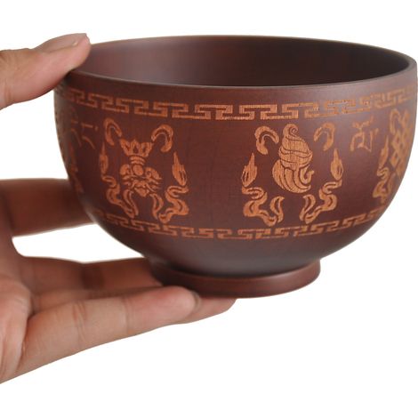 Bol en bois style vintage à motifs sculptés, idéal pour salade, riz ou soupe (1 pièce) (1/2)