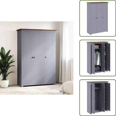 The Living Store Armadio a 3 Ante Grigio 118x50x171,5cm in Pino Panama Range - Armadio grigio