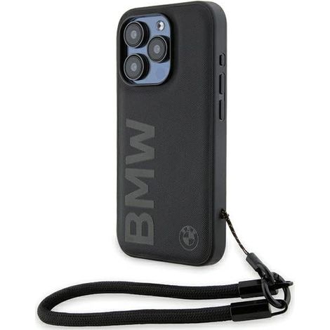 Coque rigide noire BMW BMHCP15L23RMRLK pour iPhone 15 Pro 6,1" avec logo en cuir et cordon logotypés.
