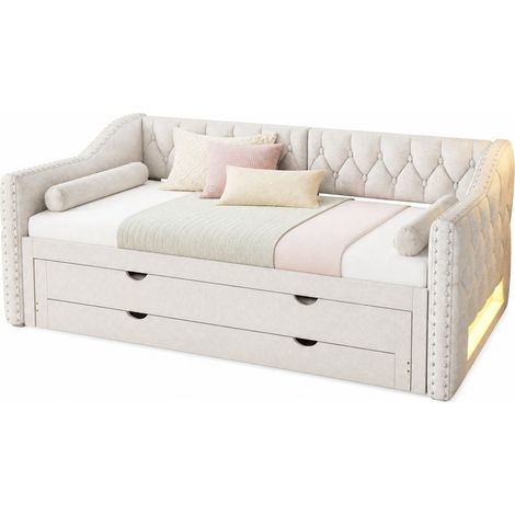 Lit de jour 90x200 avec lit gigogne, 3 tiroirs et LED, revêtement tissu beige, idéal pour studio ou chambre d'amis, design moderne et pratique - CHICFURN (1/5)