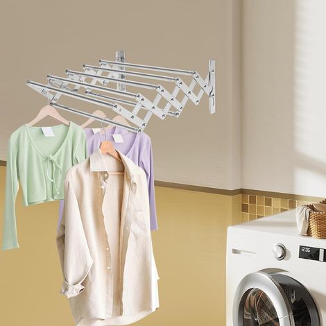 Étendoir Mural Pliant 7 Barres 42-80cm, Porte Serviettes Télescopique Séche Linge Repliable, Support Mural sans Perçage Adhésif, pour Balcon Salle de Bain Buanderie, Argenté (1/5)