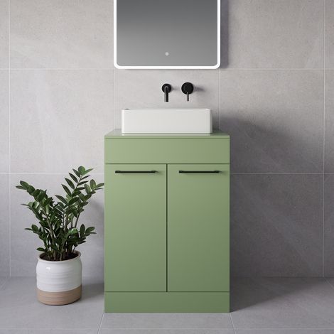 Napoli 460 Olive Green 600mm 2 Door Vanity Unit for Countertop Basins - 600mm - Matt Black 160mm Handle