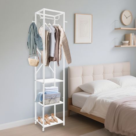 Porte Manteau,avec 3 étagères et 8 crochets,Blanc, Autoportant Portemanteau pour Entrée,Couloir,Chambre,Portant a Vetement Design Industriel, pour vêtements, Chapeaux, Sacs (1/5)