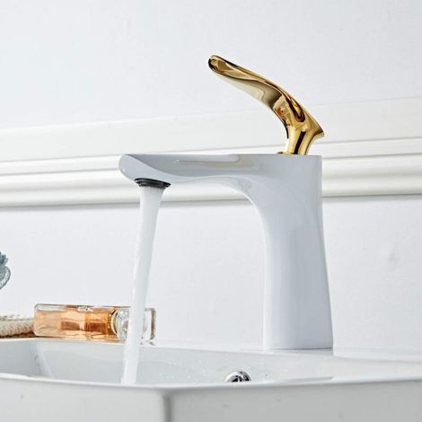 Waschtischarmatur in Weiß, Mischbatterie in Chromgold, Aufsatzwaschbecken mit doppelter Messingarmatur (mit Schlauch) (1/4)