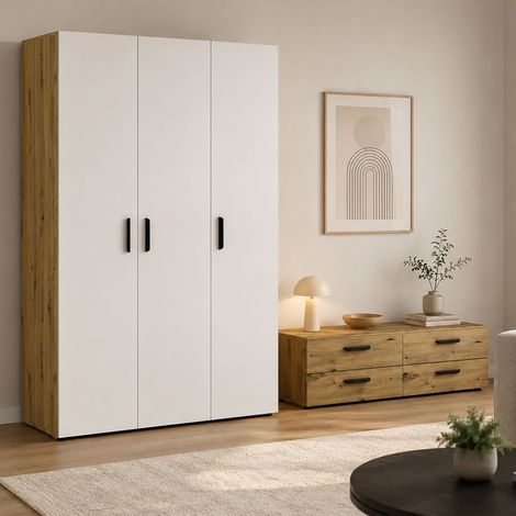 Guardaroba 3 Ante Randazzo, Armadio Camera da Letto Appendiabiti, 4 Cassetti, 4 Ripiani, 111x52 cm Marrone Rovere Nodi (1/5)