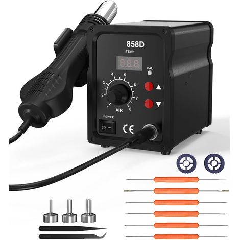 Station de soudage à air chaud 700W,858D Soudure a Air Chaud Hot-Air Soldering Rework Station LED Digital affichage 100480°C,Station reprise air chaud avec 3 buse pour BGA,SOIC,CHIP,QFP (1/5)